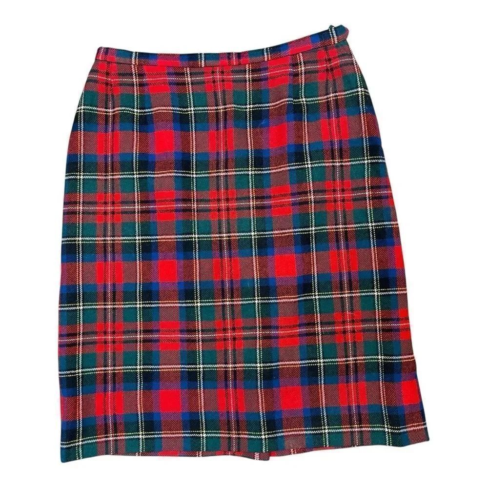 Vintage Tartan Wool Plaid Pencil Skirt Red Green Blue Size 10 Holiday Classic